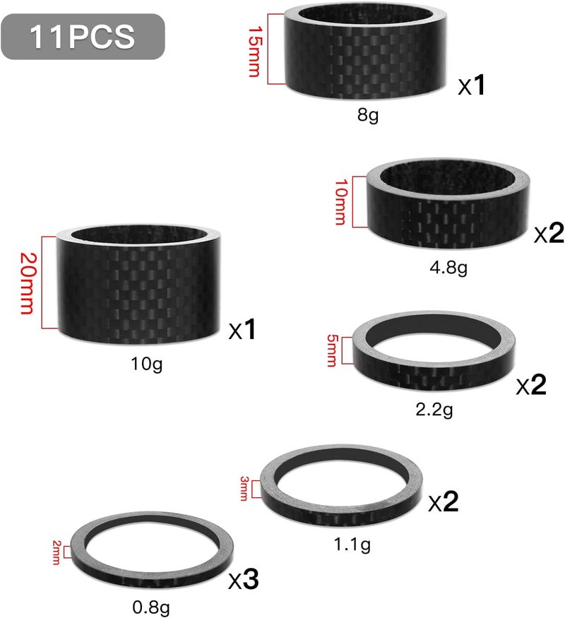 ZTZ 11PCS Headset Spacer Set for 1-1/8 Fork Stem - Aluminum Carbon Fiber Washer Kit (20 15 10 5 3 2 mm) Bicycle Threadless Ultralight Spacers, Compatible with MTB, Road, BMX, Folding Bikes - Image 2